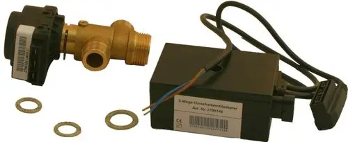 Dreiwegeventil mit Adapterplatine, geeignet für Wolf-Systeme. Enthalten sind auch Dichtungen und elektrische Anschlüsse.